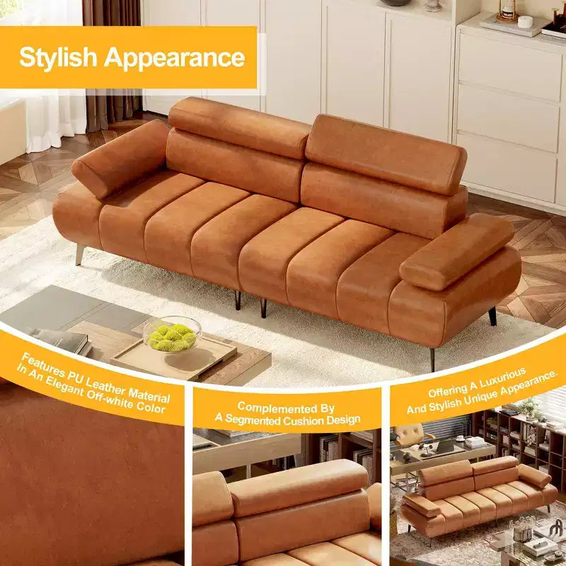 Modern 3 Seater PU Leather Sofa Couch for Living Room, Comfy Sofa with Adjustable Headrest and Armrest, Modular Seating for Bedroom Office
