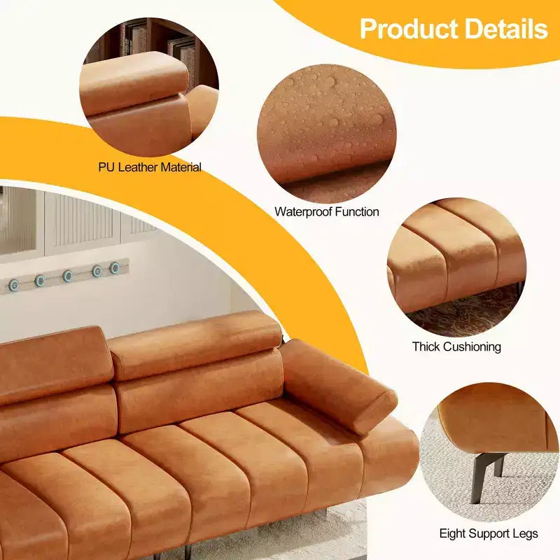 Modern 3 Seater PU Leather Sofa Couch for Living Room, Comfy Sofa with Adjustable Headrest and Armrest, Modular Seating for Bedroom Office