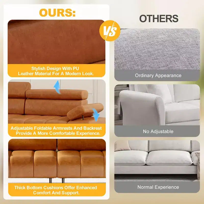 Modern 3 Seater PU Leather Sofa Couch for Living Room, Comfy Sofa with Adjustable Headrest and Armrest, Modular Seating for Bedroom Office