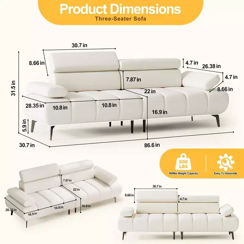 Modern 3 Seater PU Leather Sofa Couch for Living Room, Comfy Sofa with Adjustable Headrest and Armrest, Modular Seating for Bedroom Office
