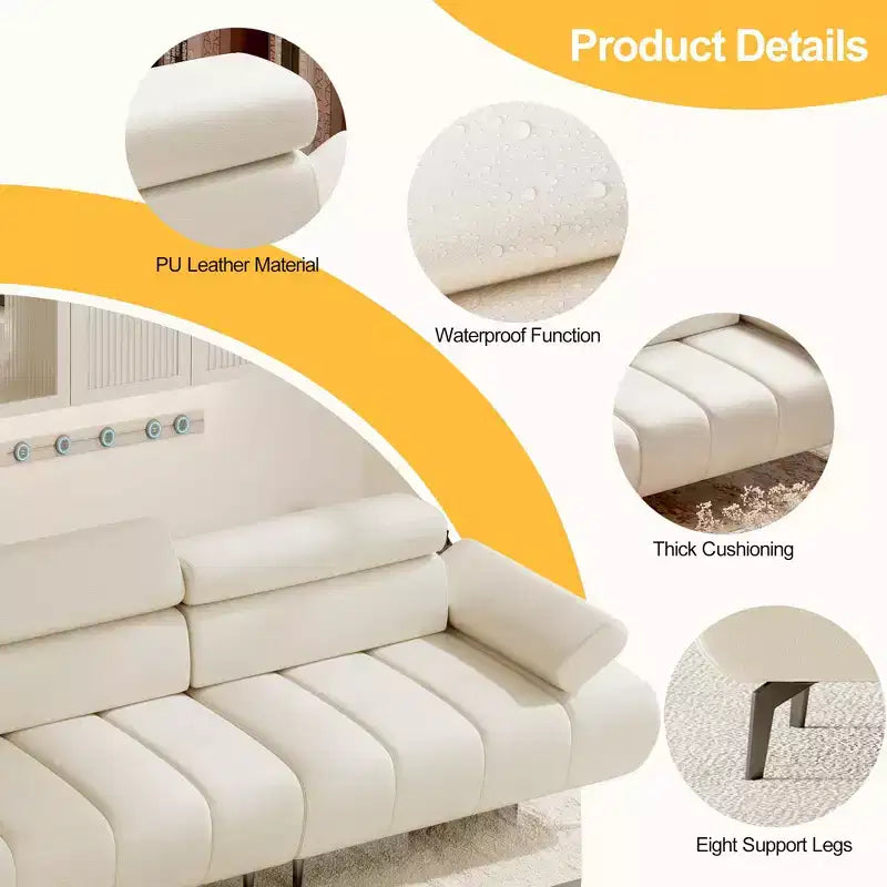 Modern 3 Seater PU Leather Sofa Couch for Living Room, Comfy Sofa with Adjustable Headrest and Armrest, Modular Seating for Bedroom Office