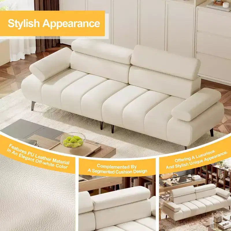 Modern 3 Seater PU Leather Sofa Couch for Living Room, Comfy Sofa with Adjustable Headrest and Armrest, Modular Seating for Bedroom Office