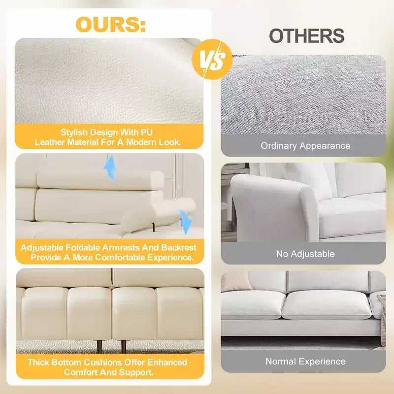 Modern 3 Seater PU Leather Sofa Couch for Living Room, Comfy Sofa with Adjustable Headrest and Armrest, Modular Seating for Bedroom Office