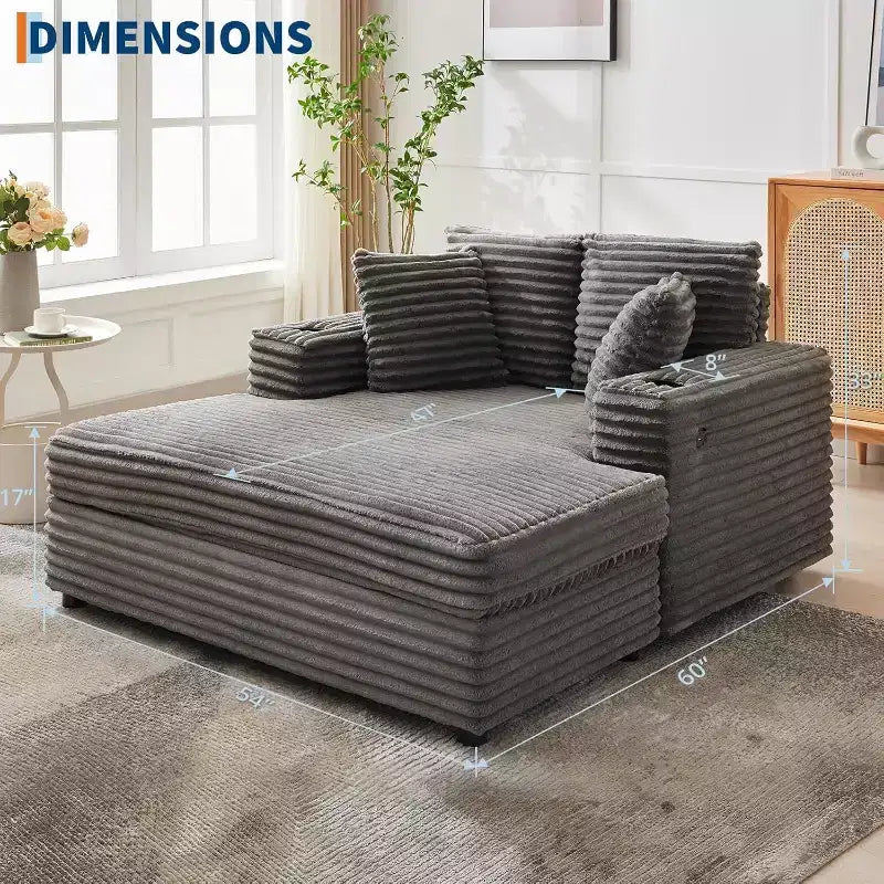 Oversized Chaise Lounge Chair, 60 Upholstered Sofa Bed with Throw Pillows and Armrests, Corduroy Sleeper Couch for Living Room, Bedroom
