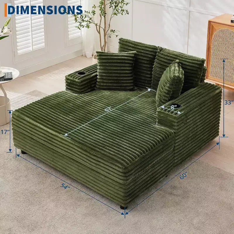 Oversized Chaise Lounge Chair, 60 Upholstered Sofa Bed with Throw Pillows and Armrests, Corduroy Sleeper Couch for Living Room, Bedroom