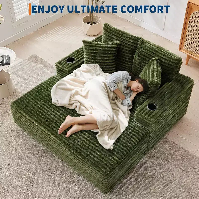 Oversized Chaise Lounge Chair, 60 Upholstered Sofa Bed with Throw Pillows and Armrests, Corduroy Sleeper Couch for Living Room, Bedroom