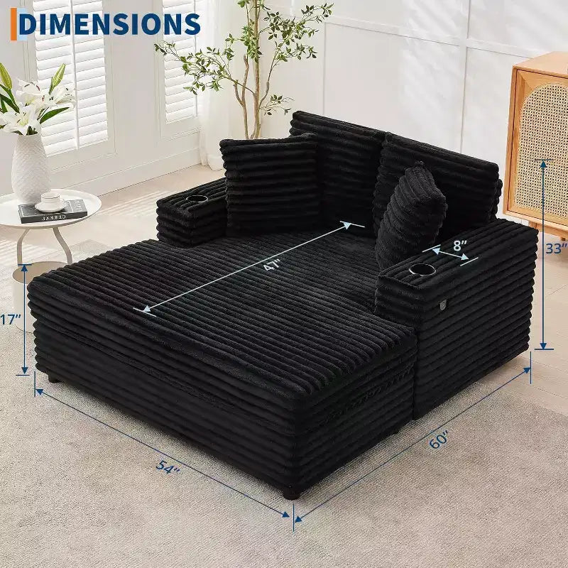 Oversized Chaise Lounge Chair, 60 Upholstered Sofa Bed with Throw Pillows and Armrests, Corduroy Sleeper Couch for Living Room, Bedroom