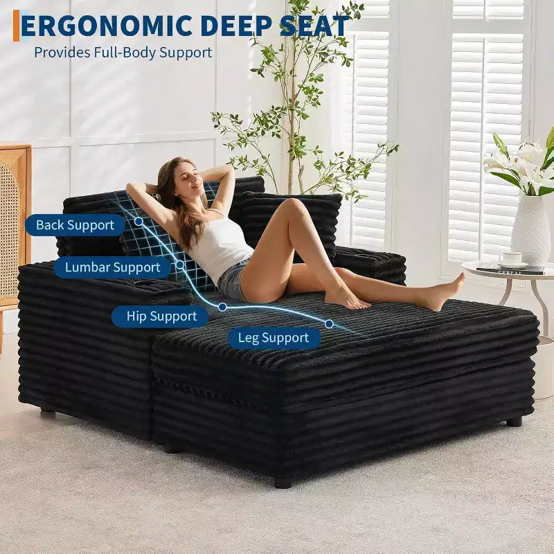 Oversized Chaise Lounge Chair, 60 Upholstered Sofa Bed with Throw Pillows and Armrests, Corduroy Sleeper Couch for Living Room, Bedroom