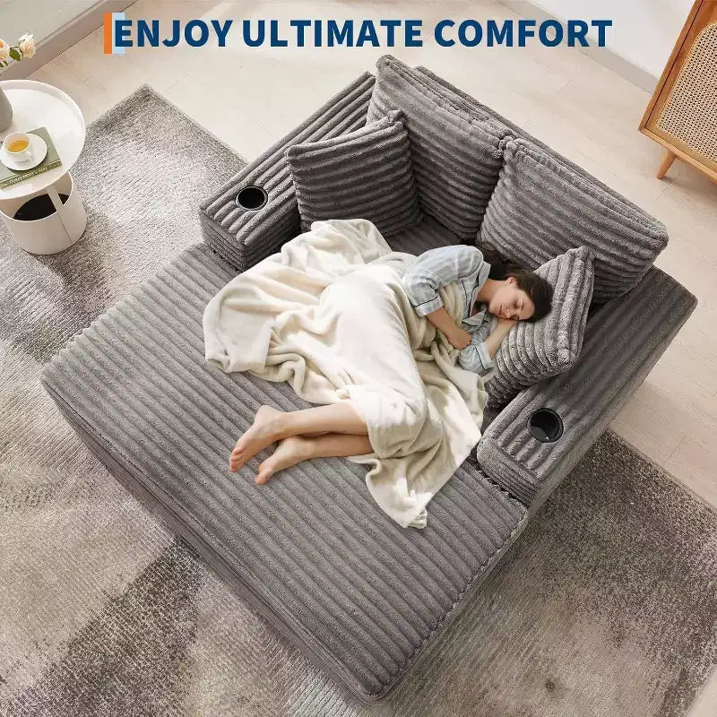 Oversized Chaise Lounge Chair, 60 Upholstered Sofa Bed with Throw Pillows and Armrests, Corduroy Sleeper Couch for Living Room, Bedroom