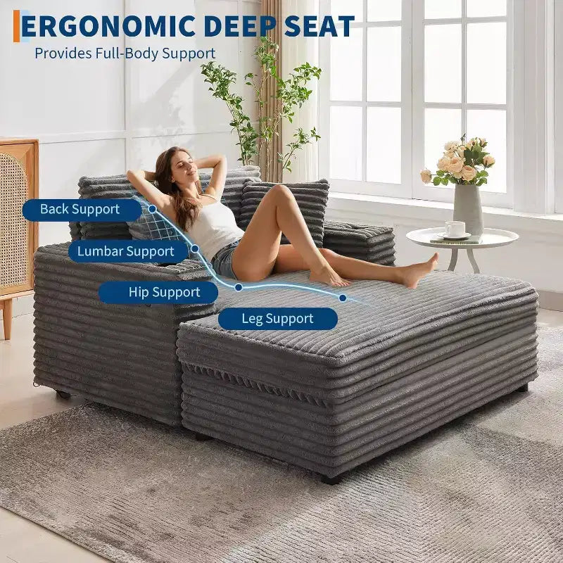 Oversized Chaise Lounge Chair, 60 Upholstered Sofa Bed with Throw Pillows and Armrests, Corduroy Sleeper Couch for Living Room, Bedroom