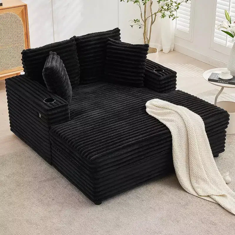 Oversized Chaise Lounge Chair, 60 Upholstered Sofa Bed with Throw Pillows and Armrests, Corduroy Sleeper Couch for Living Room, Bedroom