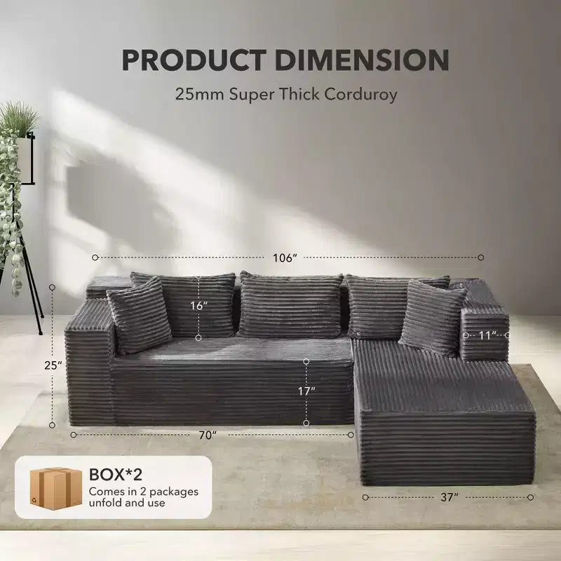 SunnyFurn Modern Modular L-Shaped Sectional Sofa  106 Oversized Cloud Couch  Deep Soft Corduroy Seat, Minimalist Design, Comfy & Soft