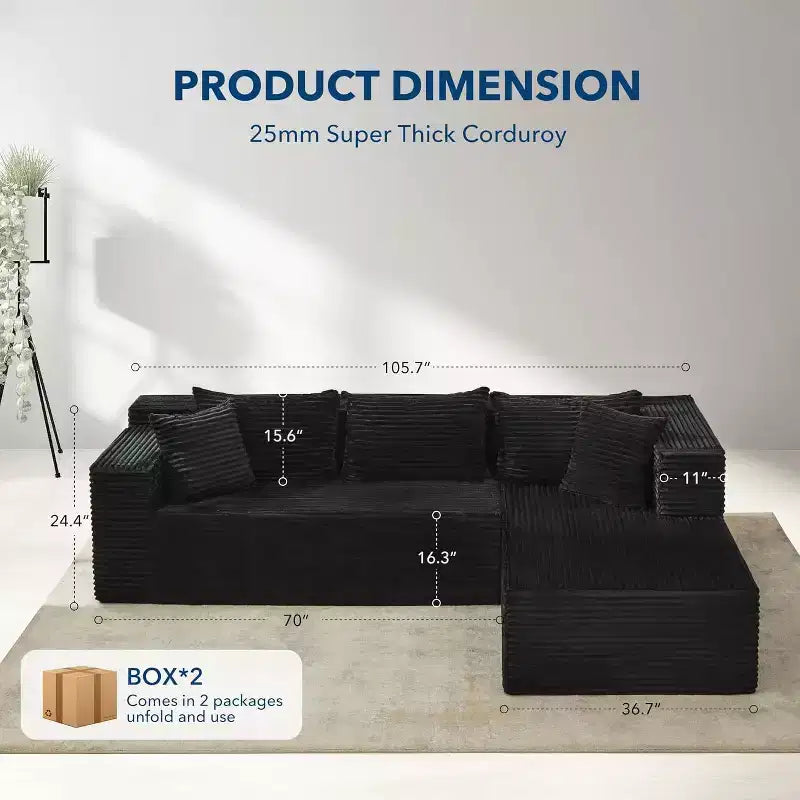 SunnyFurn Modern Modular L-Shaped Sectional Sofa  106 Oversized Cloud Couch  Deep Soft Corduroy Seat, Minimalist Design, Comfy & Soft