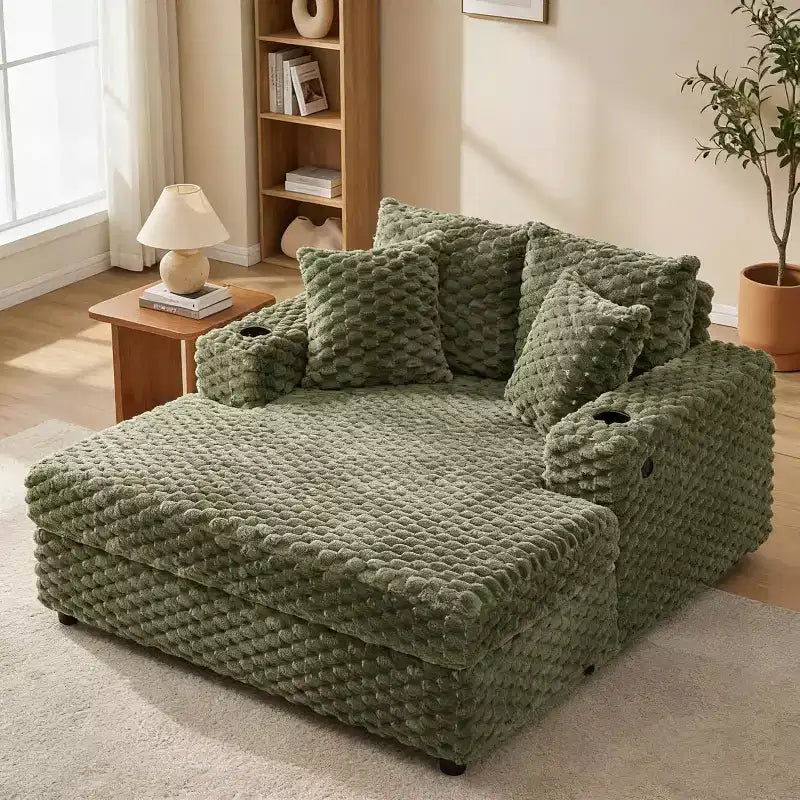 60 Inch Oversized Indoor Chaise Lounge, Upholstered Sleeper Sofa with Pillows & Armrests, Cozy Reading Chair for Living Room Bedroom, Green