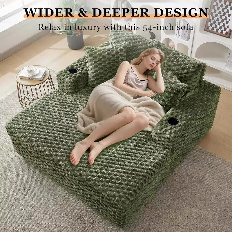 60 Inch Oversized Indoor Chaise Lounge, Upholstered Sleeper Sofa with Pillows & Armrests, Cozy Reading Chair for Living Room Bedroom, Green