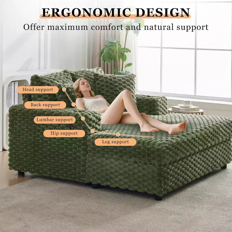 60 Inch Oversized Indoor Chaise Lounge, Upholstered Sleeper Sofa with Pillows & Armrests, Cozy Reading Chair for Living Room Bedroom, Green