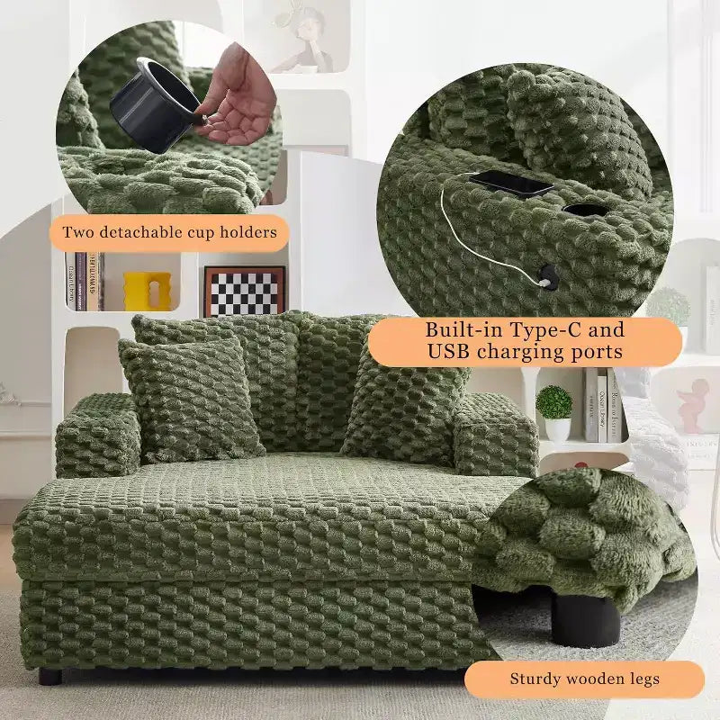 60 Inch Oversized Indoor Chaise Lounge, Upholstered Sleeper Sofa with Pillows & Armrests, Cozy Reading Chair for Living Room Bedroom, Green