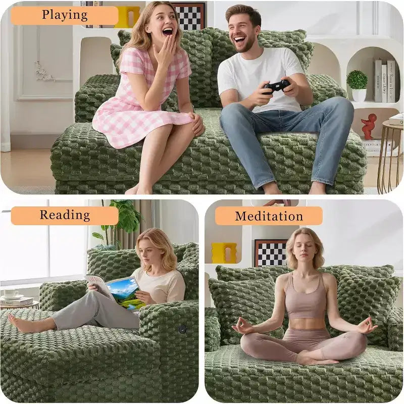 60 Inch Oversized Indoor Chaise Lounge, Upholstered Sleeper Sofa with Pillows & Armrests, Cozy Reading Chair for Living Room Bedroom, Green