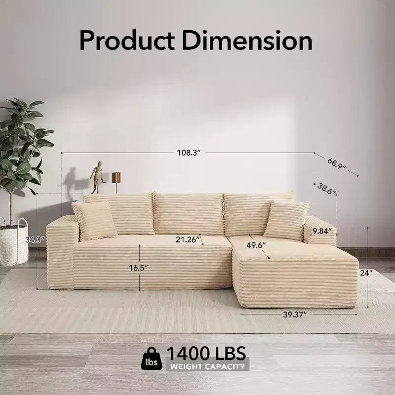 Soft Corduroy Deep Seat Sectional Sofa  108 Inch L-Shaped Modular Couch for Living Room, Apartment or Office  Modern, No Assembly