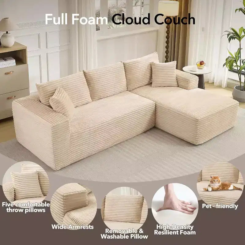 Soft Corduroy Deep Seat Sectional Sofa  108 Inch L-Shaped Modular Couch for Living Room, Apartment or Office  Modern, No Assembly