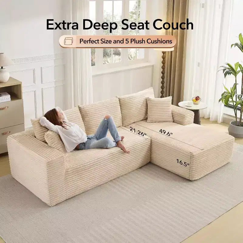 Soft Corduroy Deep Seat Sectional Sofa  108 Inch L-Shaped Modular Couch for Living Room, Apartment or Office  Modern, No Assembly