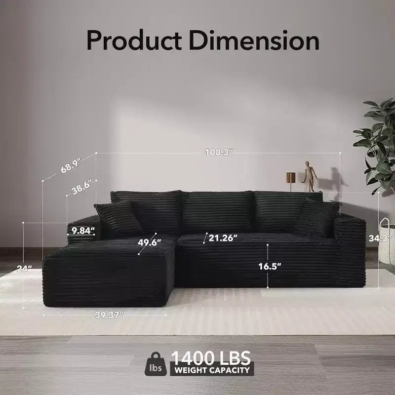 Soft Corduroy Deep Seat Sectional Sofa  108 Inch L-Shaped Modular Couch for Living Room, Apartment or Office  Modern, No Assembly