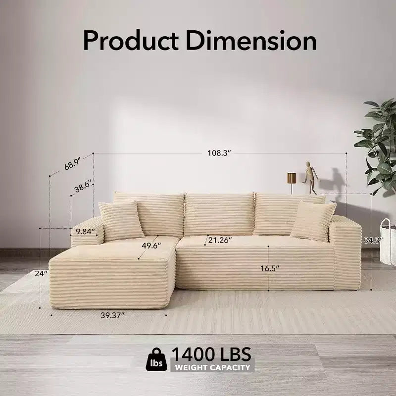 Soft Corduroy Deep Seat Sectional Sofa  108 Inch L-Shaped Modular Couch for Living Room, Apartment or Office  Modern, No Assembly