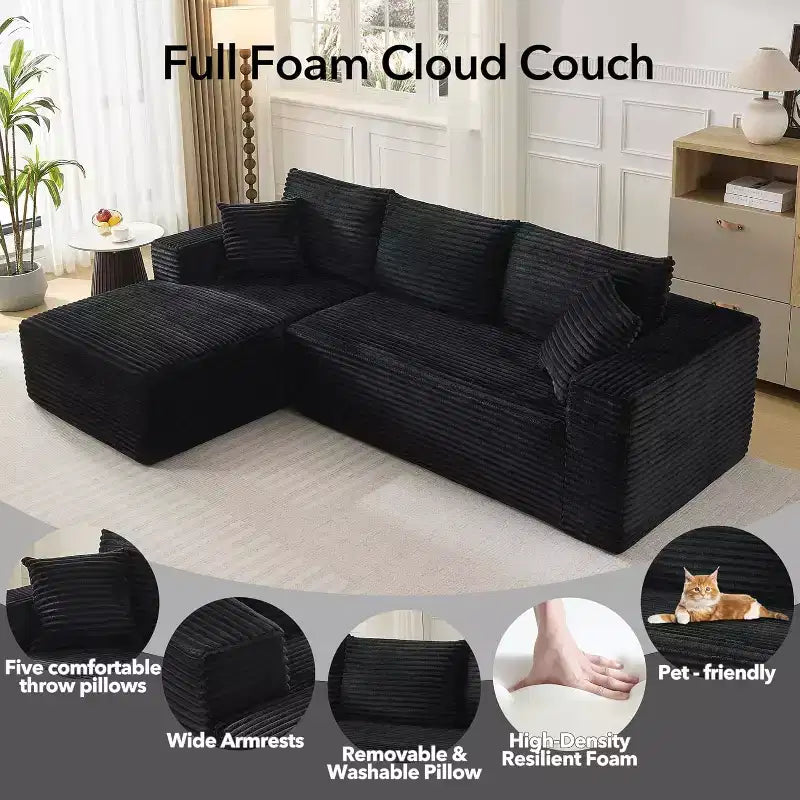 Soft Corduroy Deep Seat Sectional Sofa  108 Inch L-Shaped Modular Couch for Living Room, Apartment or Office  Modern, No Assembly
