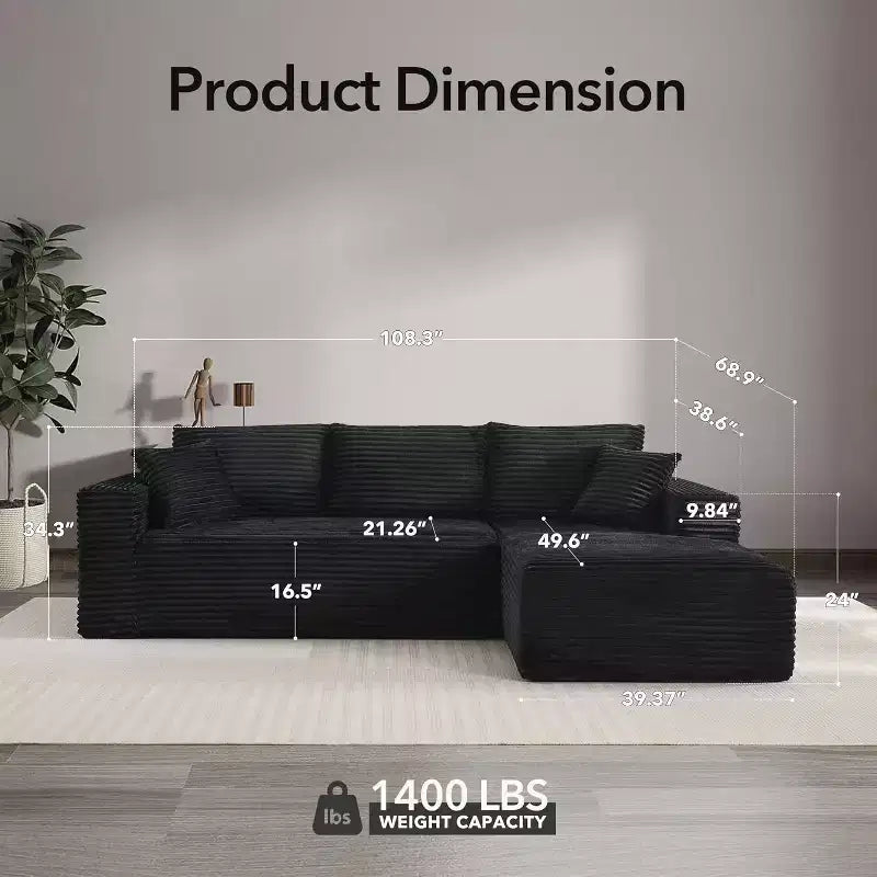 Soft Corduroy Deep Seat Sectional Sofa  108 Inch L-Shaped Modular Couch for Living Room, Apartment or Office  Modern, No Assembly