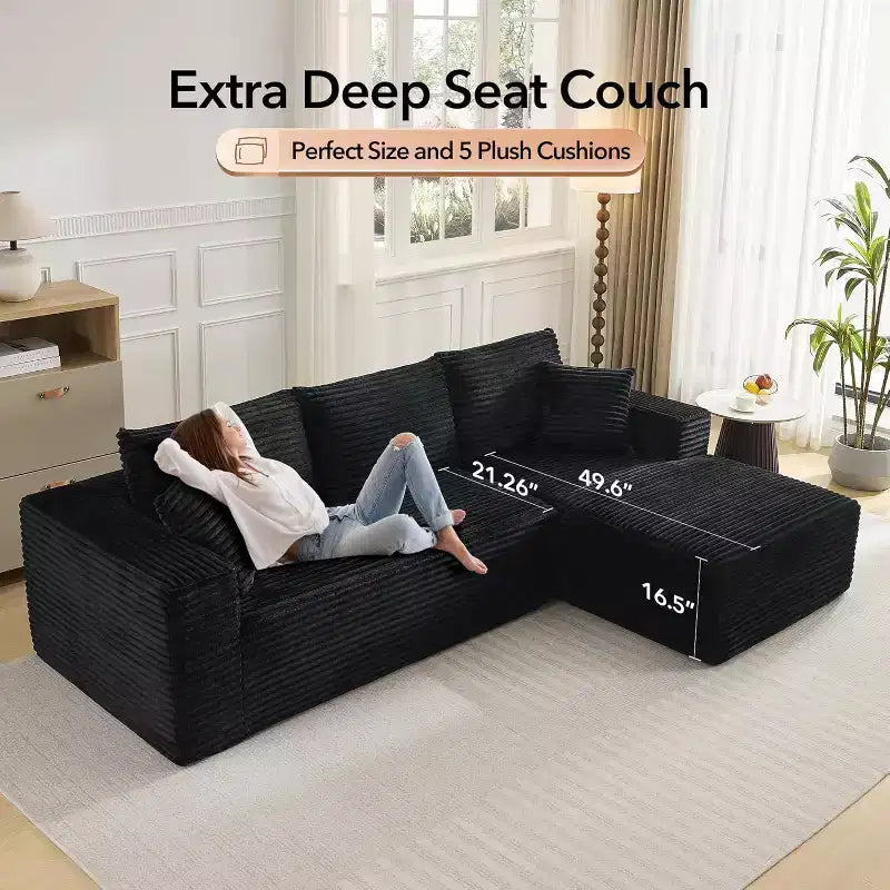 Soft Corduroy Deep Seat Sectional Sofa  108 Inch L-Shaped Modular Couch for Living Room, Apartment or Office  Modern, No Assembly