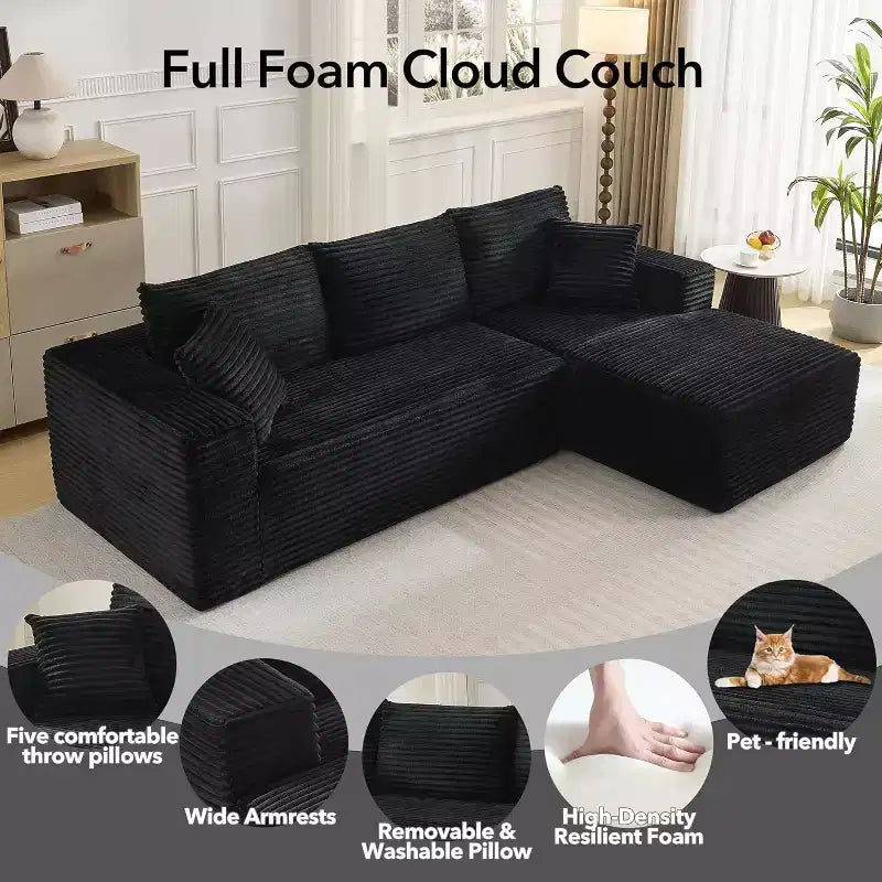 Soft Corduroy Deep Seat Sectional Sofa  108 Inch L-Shaped Modular Couch for Living Room, Apartment or Office  Modern, No Assembly