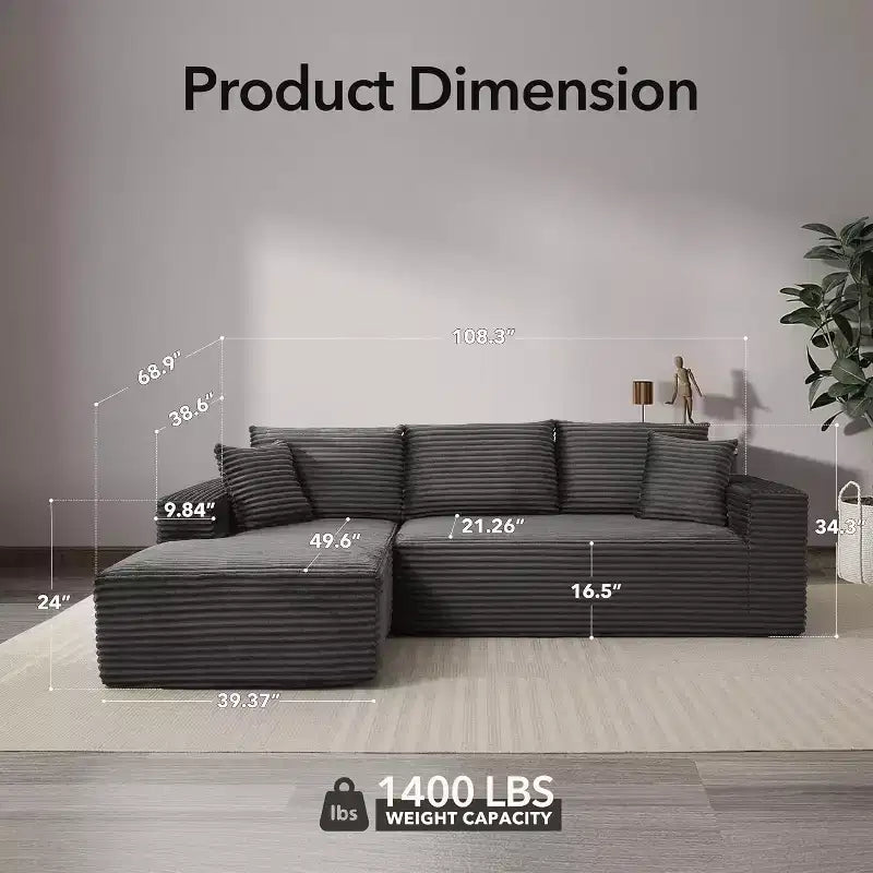 Soft Corduroy Deep Seat Sectional Sofa  108 Inch L-Shaped Modular Couch for Living Room, Apartment or Office  Modern, No Assembly