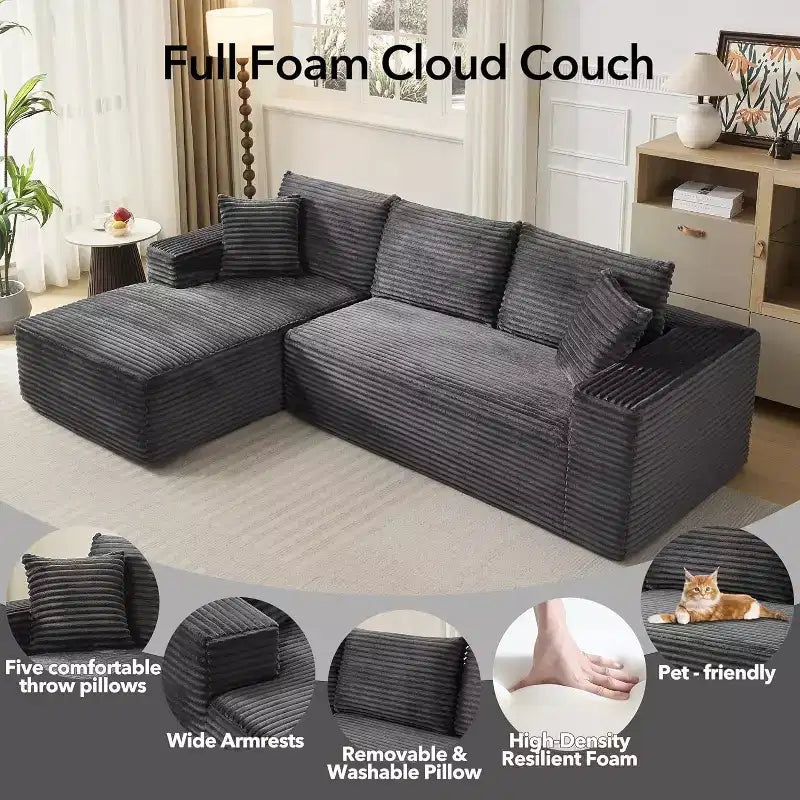Soft Corduroy Deep Seat Sectional Sofa  108 Inch L-Shaped Modular Couch for Living Room, Apartment or Office  Modern, No Assembly
