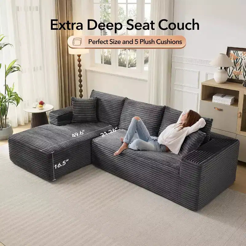 Soft Corduroy Deep Seat Sectional Sofa  108 Inch L-Shaped Modular Couch for Living Room, Apartment or Office  Modern, No Assembly