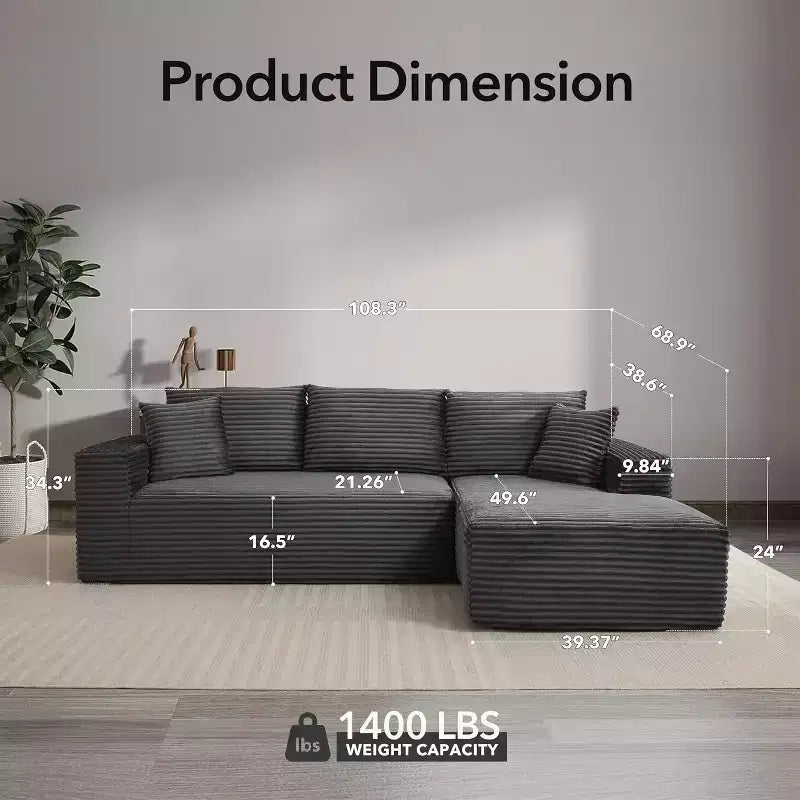 Soft Corduroy Deep Seat Sectional Sofa  108 Inch L-Shaped Modular Couch for Living Room, Apartment or Office  Modern, No Assembly