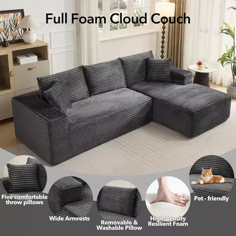 Soft Corduroy Deep Seat Sectional Sofa  108 Inch L-Shaped Modular Couch for Living Room, Apartment or Office  Modern, No Assembly