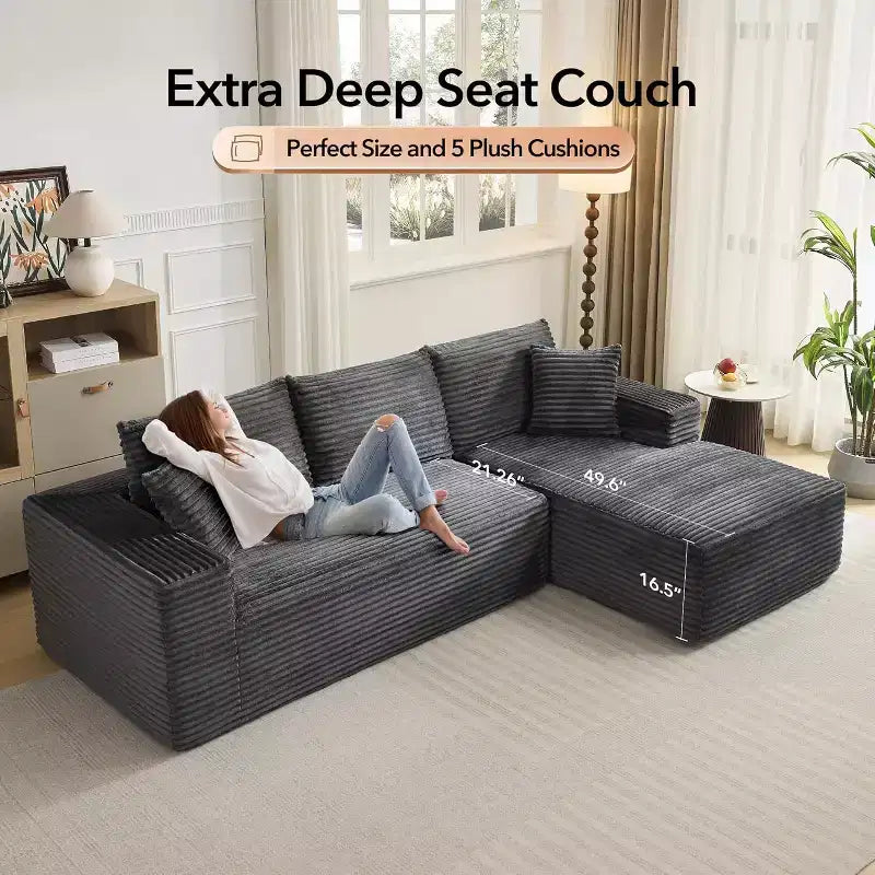 Soft Corduroy Deep Seat Sectional Sofa  108 Inch L-Shaped Modular Couch for Living Room, Apartment or Office  Modern, No Assembly
