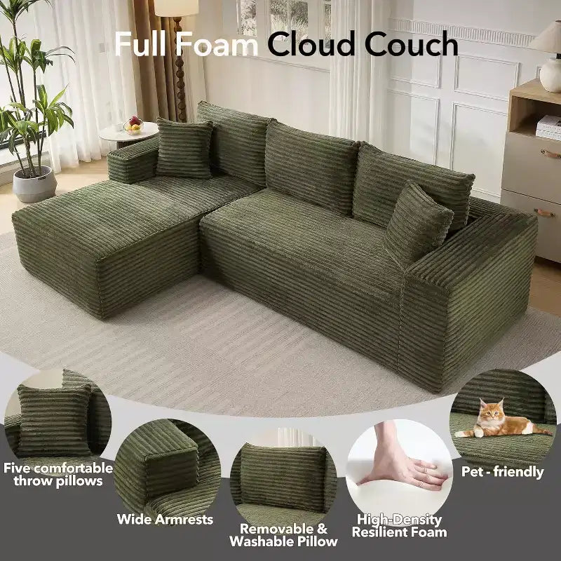 Soft Corduroy Deep Seat Sectional Sofa  108 Inch L-Shaped Modular Couch for Living Room, Apartment or Office  Modern, No Assembly