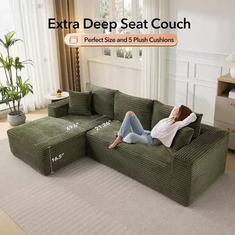 Soft Corduroy Deep Seat Sectional Sofa  108 Inch L-Shaped Modular Couch for Living Room, Apartment or Office  Modern, No Assembly