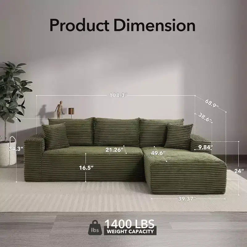 Soft Corduroy Deep Seat Sectional Sofa  108 Inch L-Shaped Modular Couch for Living Room, Apartment or Office  Modern, No Assembly