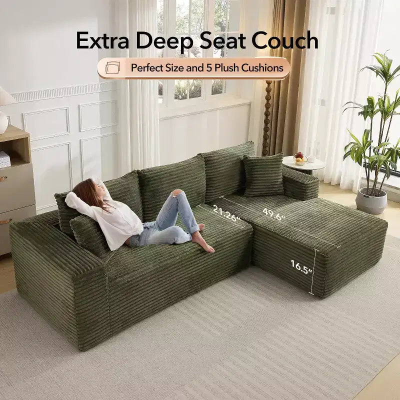 Soft Corduroy Deep Seat Sectional Sofa  108 Inch L-Shaped Modular Couch for Living Room, Apartment or Office  Modern, No Assembly