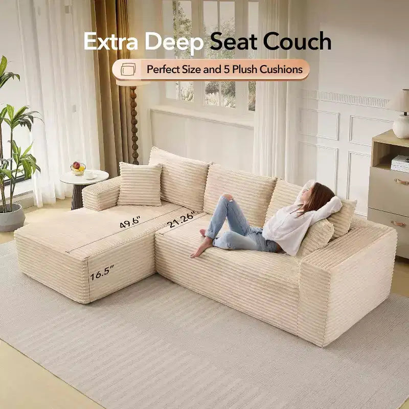 Soft Corduroy Deep Seat Sectional Sofa  108 Inch L-Shaped Modular Couch for Living Room, Apartment or Office  Modern, No Assembly