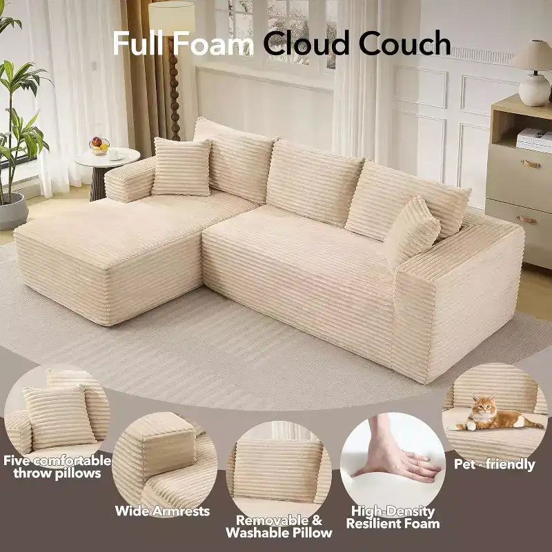 Soft Corduroy Deep Seat Sectional Sofa  108 Inch L-Shaped Modular Couch for Living Room, Apartment or Office  Modern, No Assembly