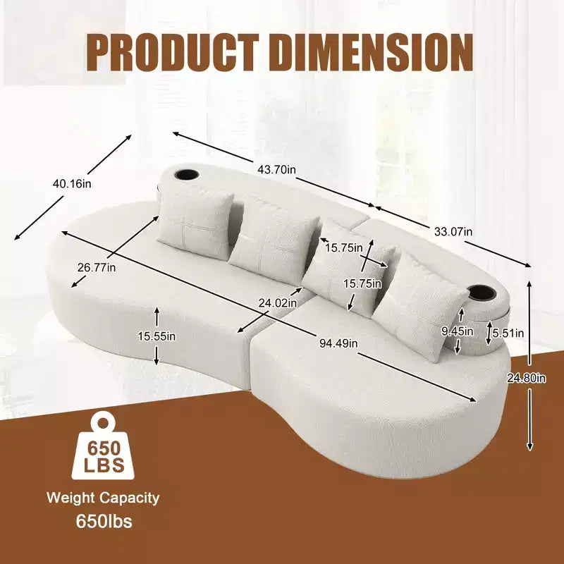 Curved Modular Sectional Sofa, 3 Seat Sofa with Cup Holders, Side Pocket & 4 Pillows for Living Room, Office, Apartment - ModernLuxe