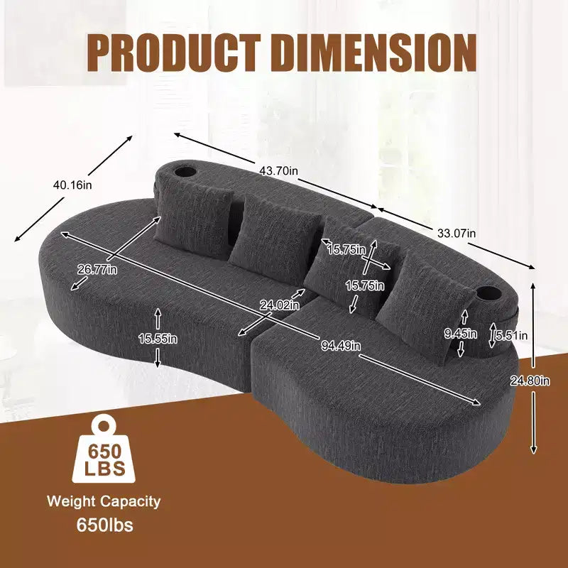 Curved Modular Sectional Sofa, 3 Seat Sofa with Cup Holders, Side Pocket & 4 Pillows for Living Room, Office, Apartment - ModernLuxe