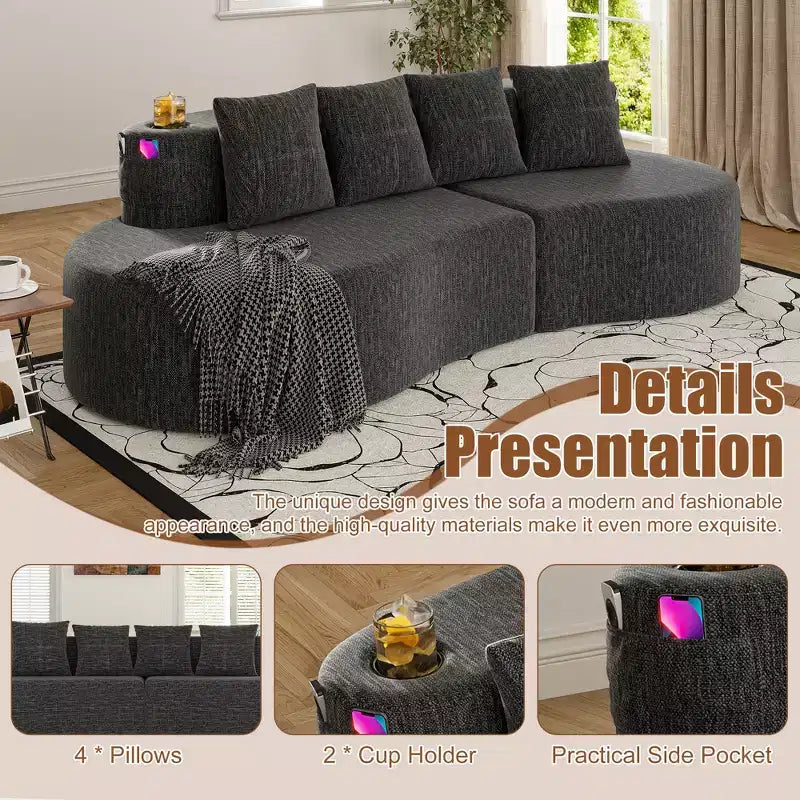 Curved Modular Sectional Sofa, 3 Seat Sofa with Cup Holders, Side Pocket & 4 Pillows for Living Room, Office, Apartment - ModernLuxe
