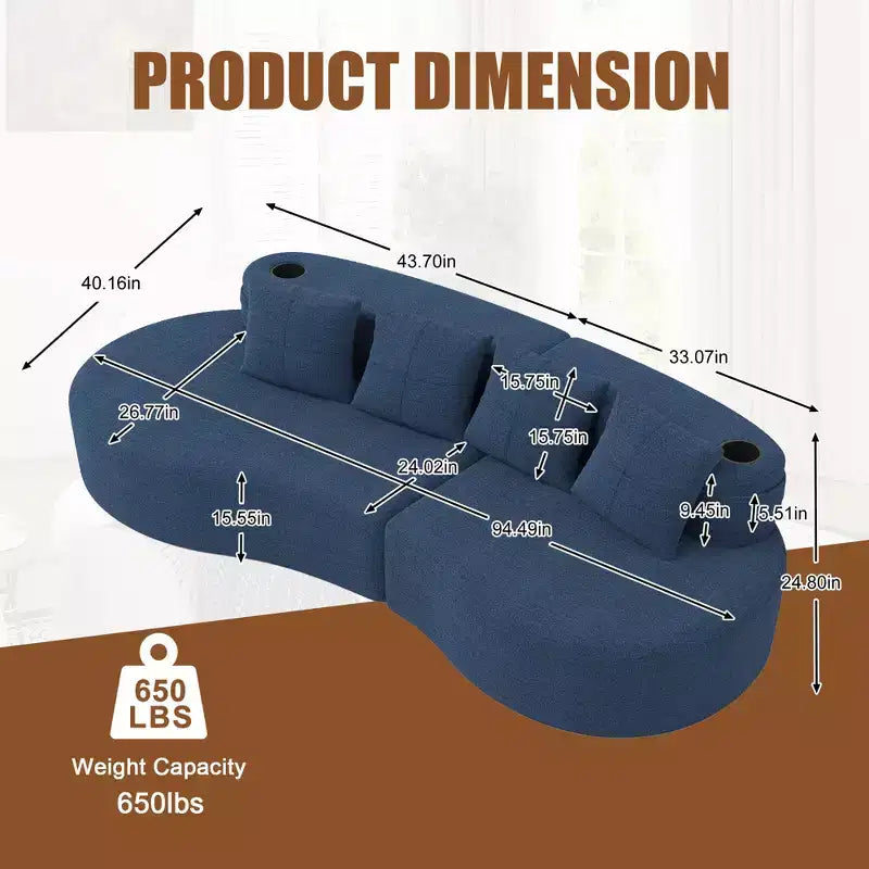 Curved Modular Sectional Sofa, 3 Seat Sofa with Cup Holders, Side Pocket & 4 Pillows for Living Room, Office, Apartment - ModernLuxe