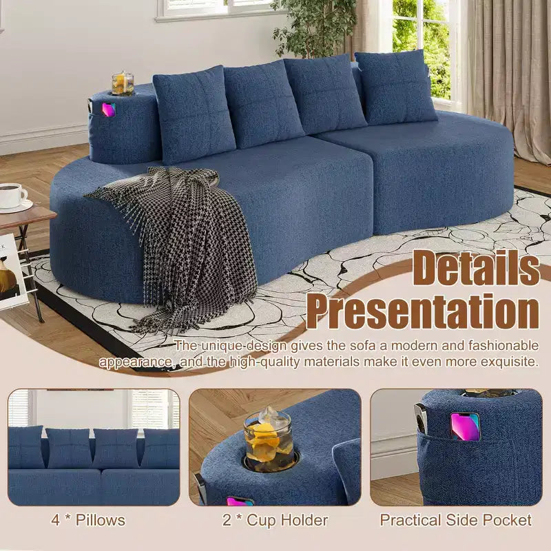 Curved Modular Sectional Sofa, 3 Seat Sofa with Cup Holders, Side Pocket & 4 Pillows for Living Room, Office, Apartment - ModernLuxe