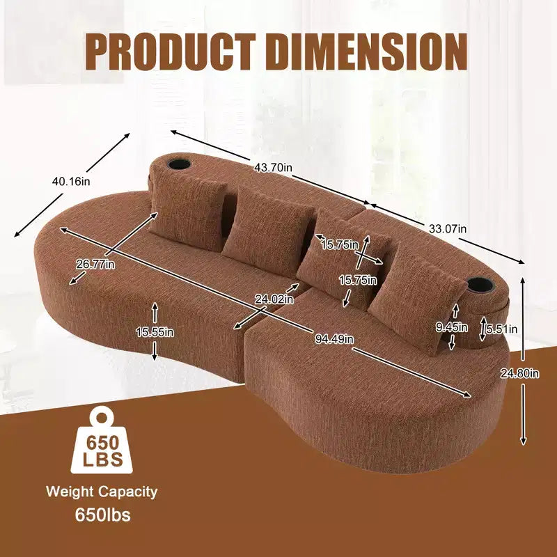 Curved Modular Sectional Sofa, 3 Seat Sofa with Cup Holders, Side Pocket & 4 Pillows for Living Room, Office, Apartment - ModernLuxe