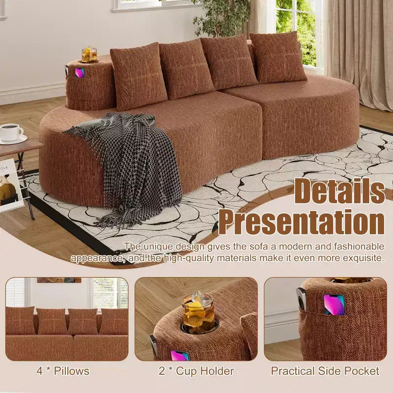 Curved Modular Sectional Sofa, 3 Seat Sofa with Cup Holders, Side Pocket & 4 Pillows for Living Room, Office, Apartment - ModernLuxe